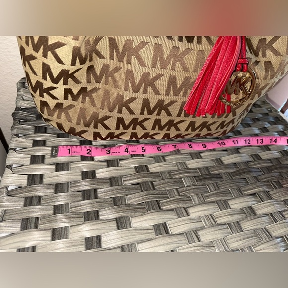 Michael Kors MK Logo Canvas Tote Bag Brown Red Leather Handles Tassel Purse - Picture 7 of 17